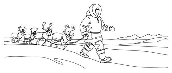 Explorer in winter parka walking with reindeer through snowy arctic mountains in minimalist continuous line art style © Katarzyna