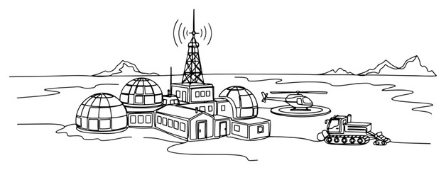 Polar research station with dome buildings and helicopter in arctic landscape in minimalist continuous line art style © Katarzyna