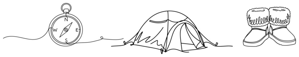 Compass tent and winter hiking boots equipment for arctic expedition or camping in minimalist continuous line art style © Katarzyna