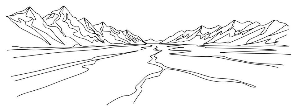 Mountain valley landscape with winding river between high peaks in minimalist line art style