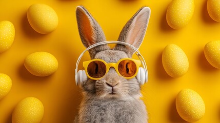 A rabbit wearing sunglasses and headphones surrounded by yellow Easter eggs