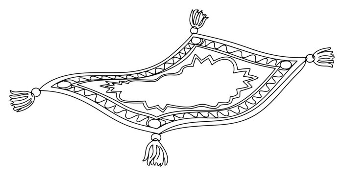 Magic flying carpet with oriental patterns and tassels in minimalist line art style