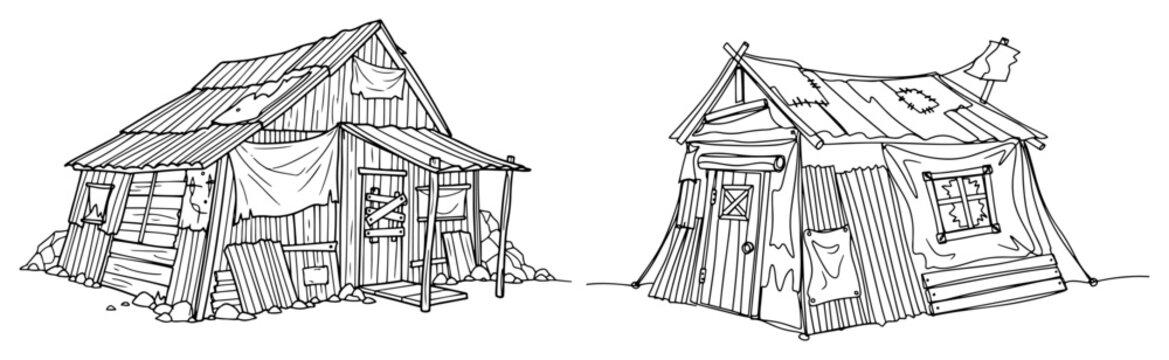 Abandoned wooden shacks and derelict huts in minimalist line art style