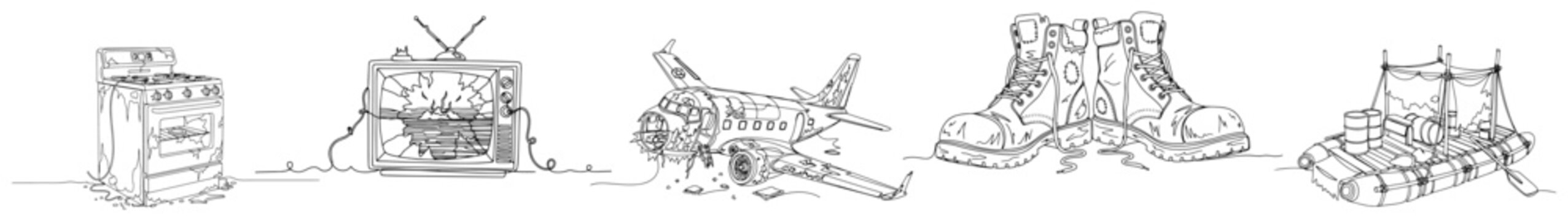 Post-apocalyptic survival objects collection including crashed plane and broken electronics in line art style