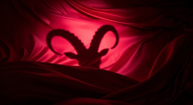 Aries zodiac sign silhouette on red waved fabric. Astrological symbol of ram projected on dark drapery. Concept of horoscope, energy and mystical art for astrology publication.