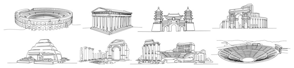 Ancient world landmarks and monuments collection in clean line art style
