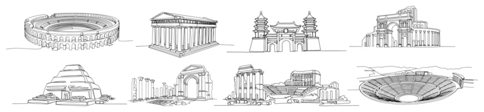 Ancient world landmarks and monuments collection in clean line art style