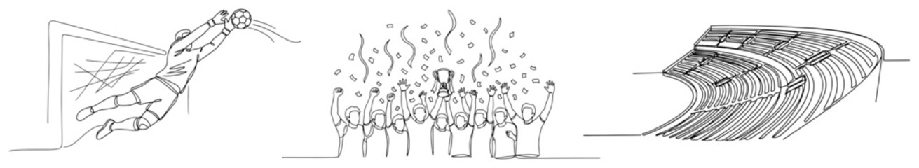 Soccer match moments with goalkeeper save celebration and stadium stands in continuous line art style © Katarzyna