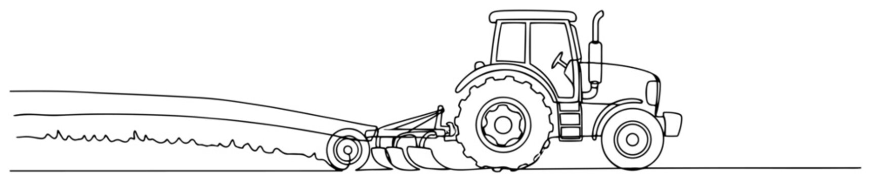 Agricultural tractor plowing field in minimalist continuous line art style