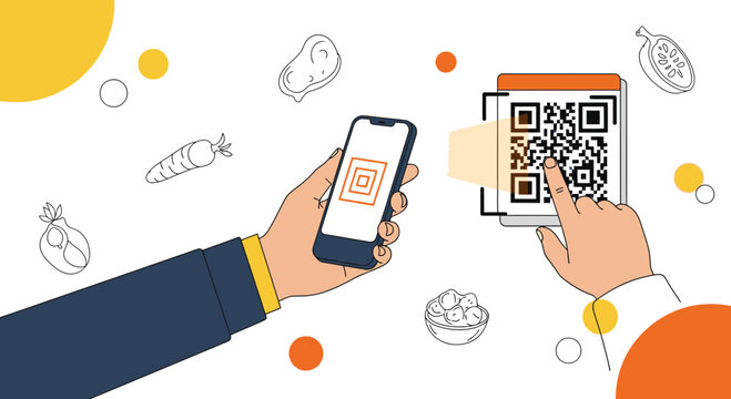 Customer scans QR code on phone for food information, digital grocery shopping concept