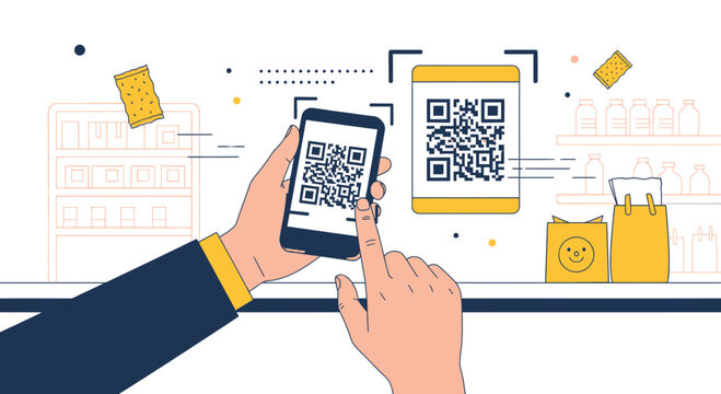 Customer scans QR code on smartphone for contactless payment at store checkout