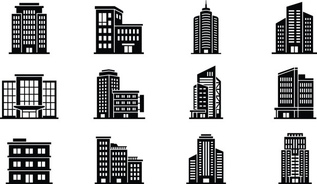 Urban architecture vector illustration collection, twelve black icons showing high-rise offices, apartments, and modern commercial building designs