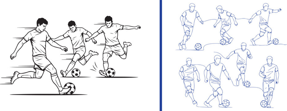 Action-oriented vector line art of soccer players in blue and black. Displays multiple athletes in motion, focusing on dribbling, striking, and precise ball control techniques.