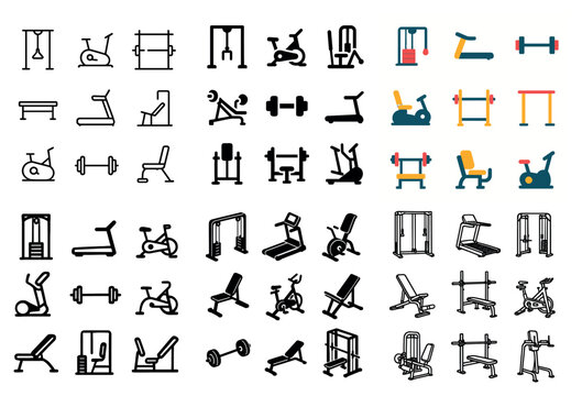 Gym icons with bench barbell treadmill colorful