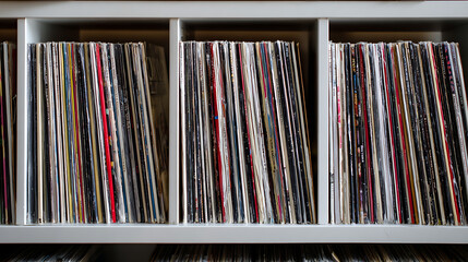 Abundant collection of colorful vintage vinyl records stored upright in white wooden shelves, showcasing a retro music hobby setup, close view