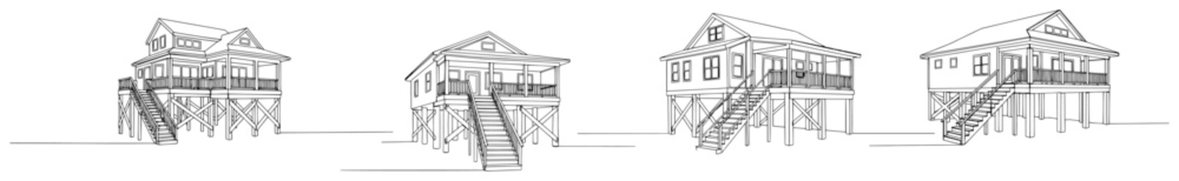 Beach houses on stilts with stairs in minimal line art style