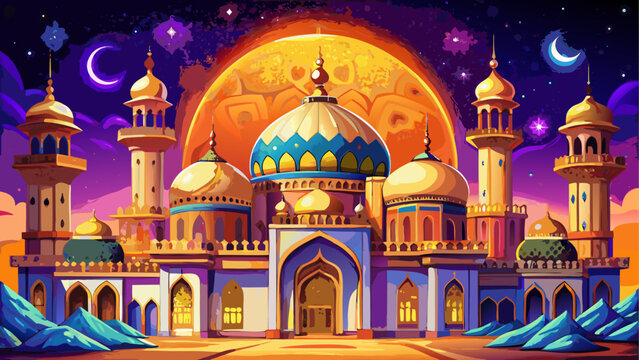 Vector illustration of a colorful mosque with domes and minarets at sunset
