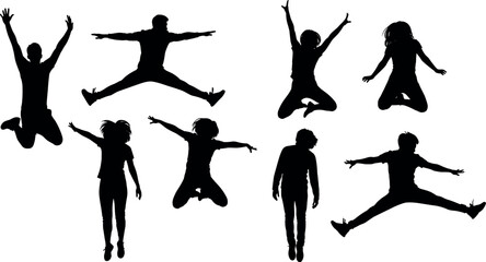 Fototapeta premium Black silhouettes of people jumping and standing in dynamic poses, expressive body language, energetic motion, minimal vector illustration artwork