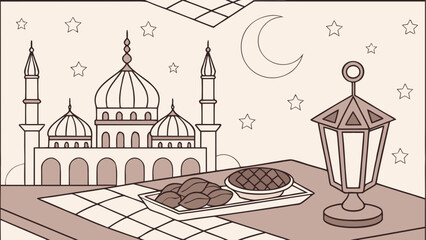 Fototapeta premium Vector illustration of mosque, lantern, dates, and stars at night