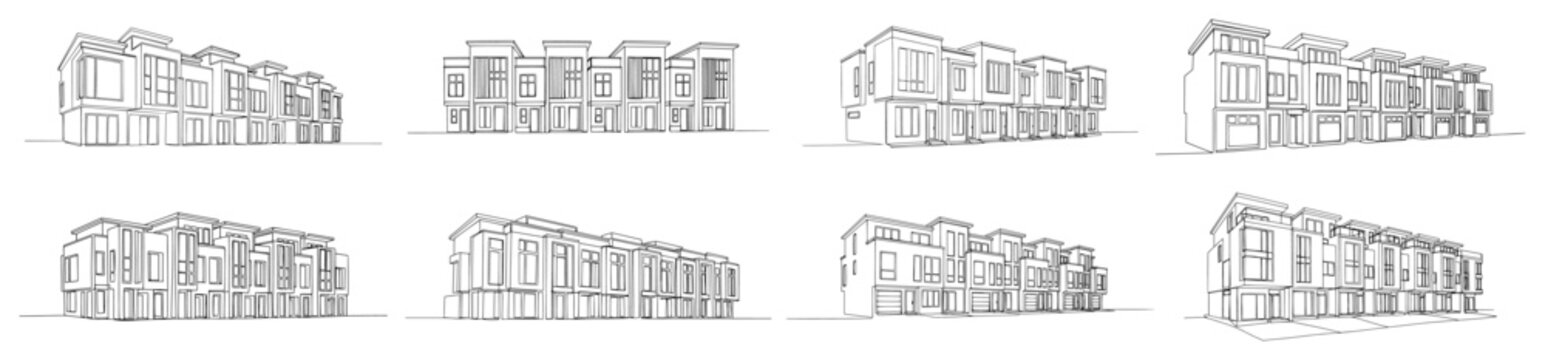 Modern townhouse residential buildings and terraced houses in architectural line art style