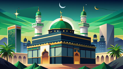 Vector illustration of a mosque with green dome and minarets © Adobe