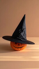 Fototapeta premium Jack-o'-lantern wearing a black witch hat on warm earth-toned surface with light stripes