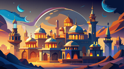 Vector illustration of a fantasy Middle Eastern cityscape at sunset © Adobe