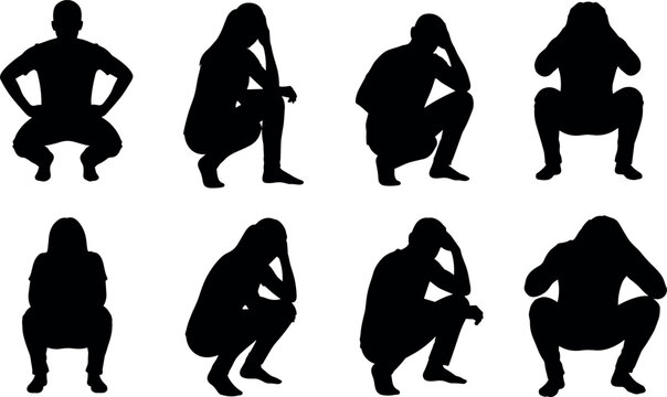 Black silhouette people squatting and crouching poses, human posture figures, movement study artwork, lifestyle illustration vector design
