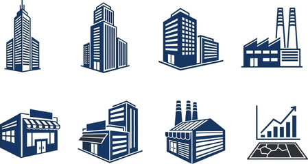 Collection of modern city and industrial building icons
