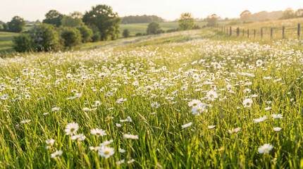 Obraz premium Dreamy countryside spring landscape with daisies in bloom soft breeze golden sunlight and vibrant seasonal outdoor composition