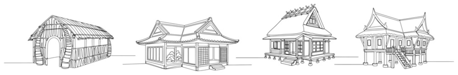 Stilt houses and traditional wooden pavilions in minimalist continuous line art style