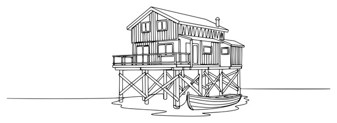 Wooden lake house on stilts with small rowing boat in minimalist continuous line art style © Katarzyna