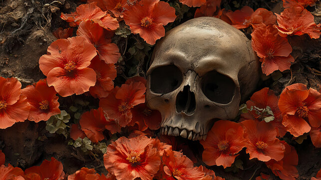 Aged Human Skull Nestled Amongst Vibrant Array of Orange-Red Hibiscus-like Flowers, Symbolizing Poignant Intersection of Life, Death, and Natural Beauty