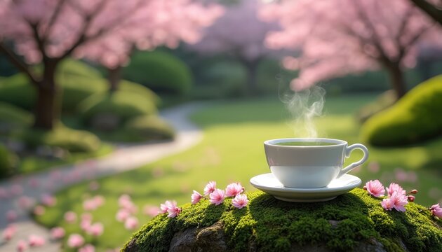 Steaming cup of green matcha tea sits in mossy garden during spring blossom season. Pink cherry flowers fall around on path with green bushes and trees. Peaceful zen nature scenery.