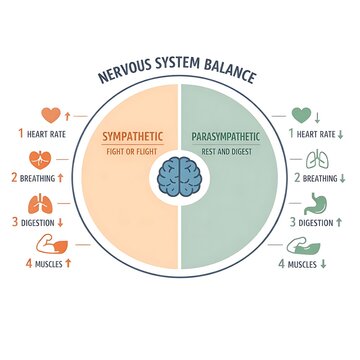 Nervous System Balance Circular Diagram explaining Sympathetic (Fight or Flight) and Parasympathetic (Rest and Digest) functions.
