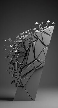 Shattered grey structure dissolving into small angular shards, creating negative space and representing conceptual division, disruption, geometric, collapse