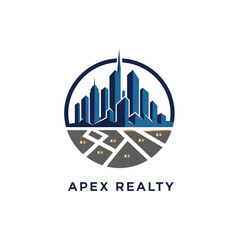 Fototapeta premium City Skyline and Road Network within Circle Logo in Blue and Grey on Isolated White Background