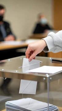 A person places a white envelope into the ballot box at a voting station in a public area. This action is part of the election process. Citizens are participating in democracy