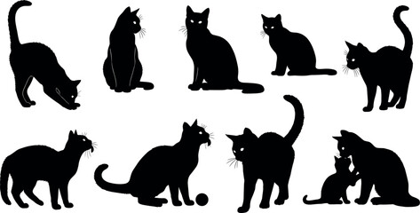  Silhouettes of cats in varied poses, sitting, standing, playing and interacting, vector illustration showcasing feline behavior, decorative artwork for design themes © Sultana