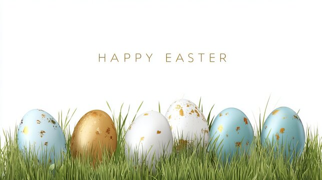 A festive Easter scene with colorful eggs in the grass