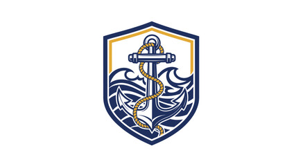 Nautical shield with anchor and waves logo, isolated white background.