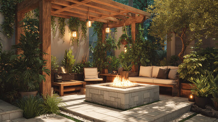 Obraz premium modern backyard patio with fire pit pergola and comfortable seating surrounded by rich green plants showcasing wood and stone design for warm cozy summer ambience