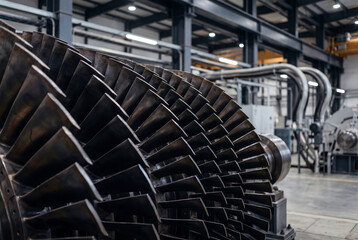 Fototapeta premium Large metallic steam turbine rotor blades in industrial manufacturing facility