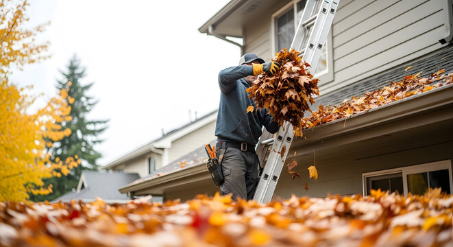 professional gutter cleaning services | autumn home maintenance chores | man cleaning leaves from roof gutters | residential roof maintenance in fall