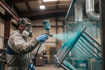 Naklejka premium Industrial worker in protective suit spraying teal paint on metal frames in factory booth