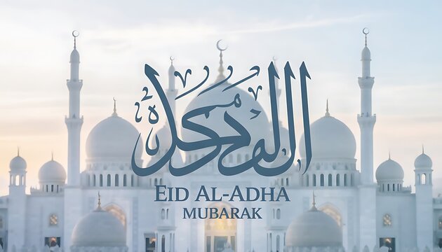 Eid al adha mubarak greeting with mosque background