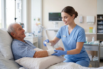 Fototapeta premium Young female nurse bandaging elderly patient arm in hospital room