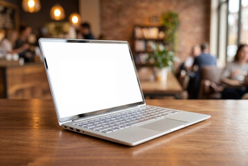 Fototapeta premium Modern silver laptop with clean white screen on wooden table in cafe