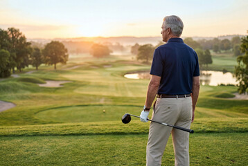 Senior golf pro with glowing skin on course at sunset