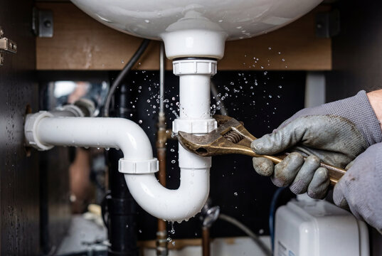 Worker in gloves fixes water leak on p trap under sink